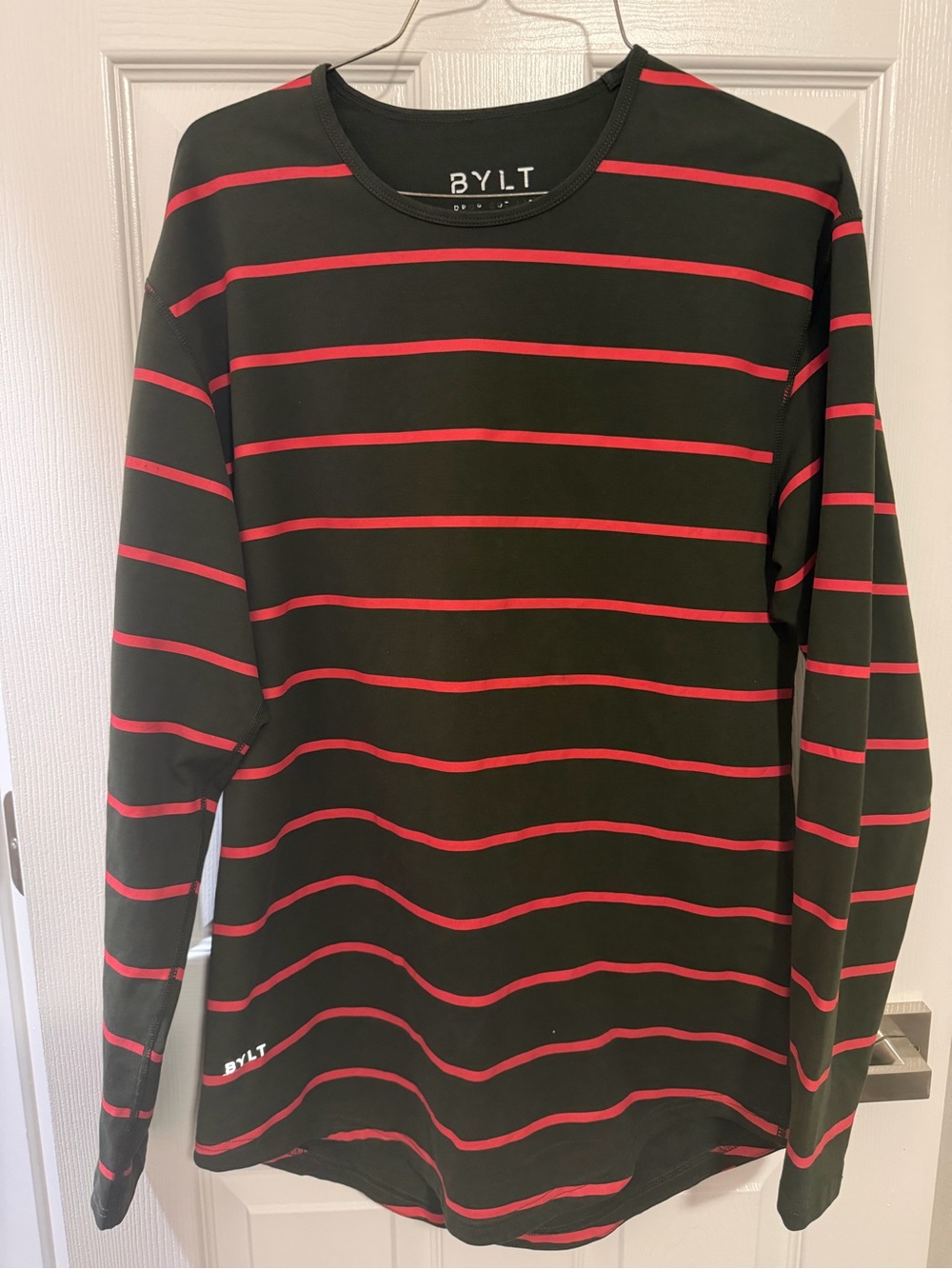 BYLT Basics Men’s Medium Olive Green Pink Stripe Long Sleeve Drop Cut Shirt
